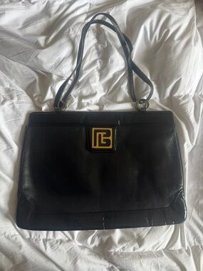 Vintage Pierre Balmain Black Leather Shoulder Bag with Gold Logo